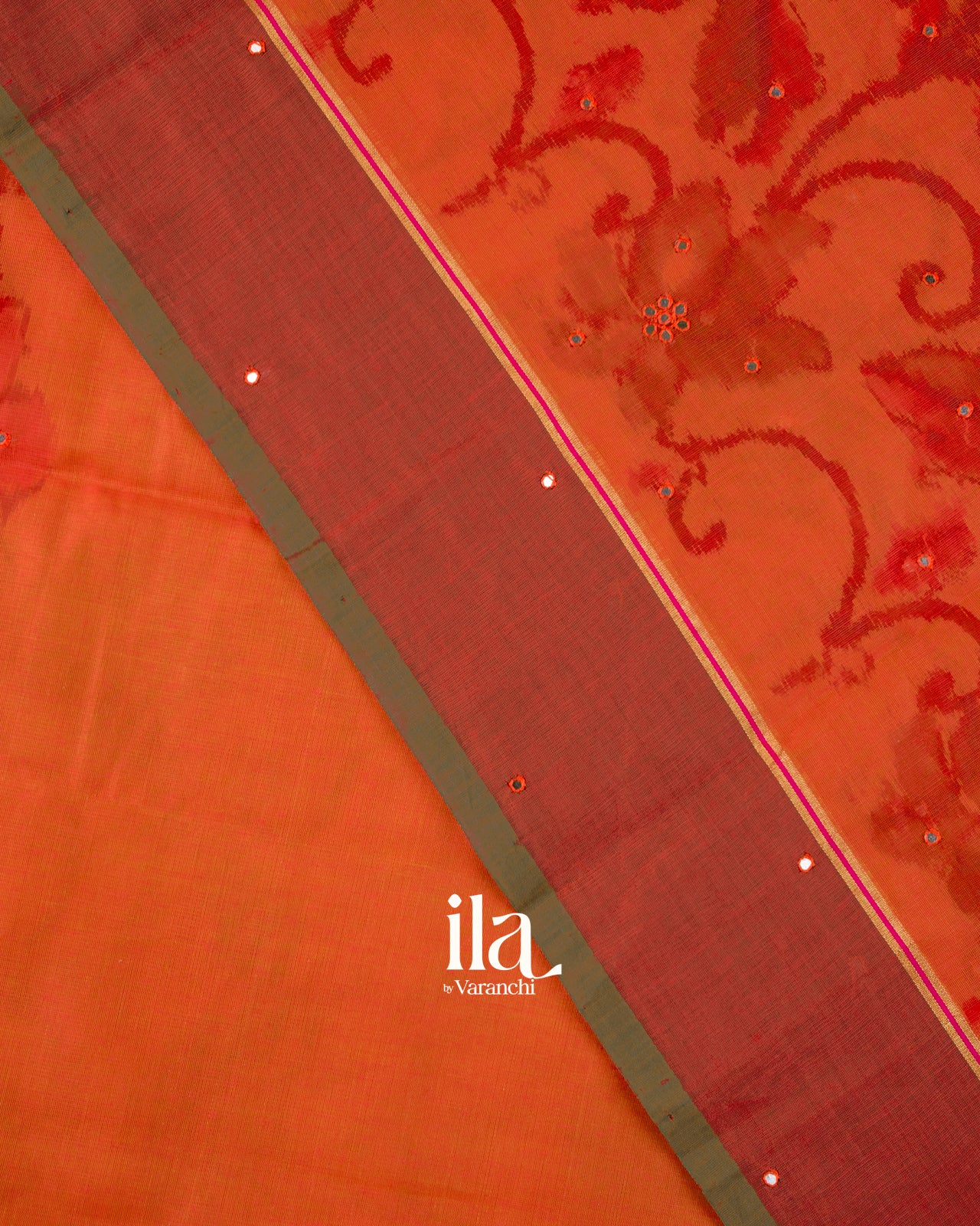 Rust Orange Mirror Embroidered Semi Chanderi Saree