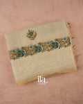 Ivory Floral Embroidered Semi Linen Saree