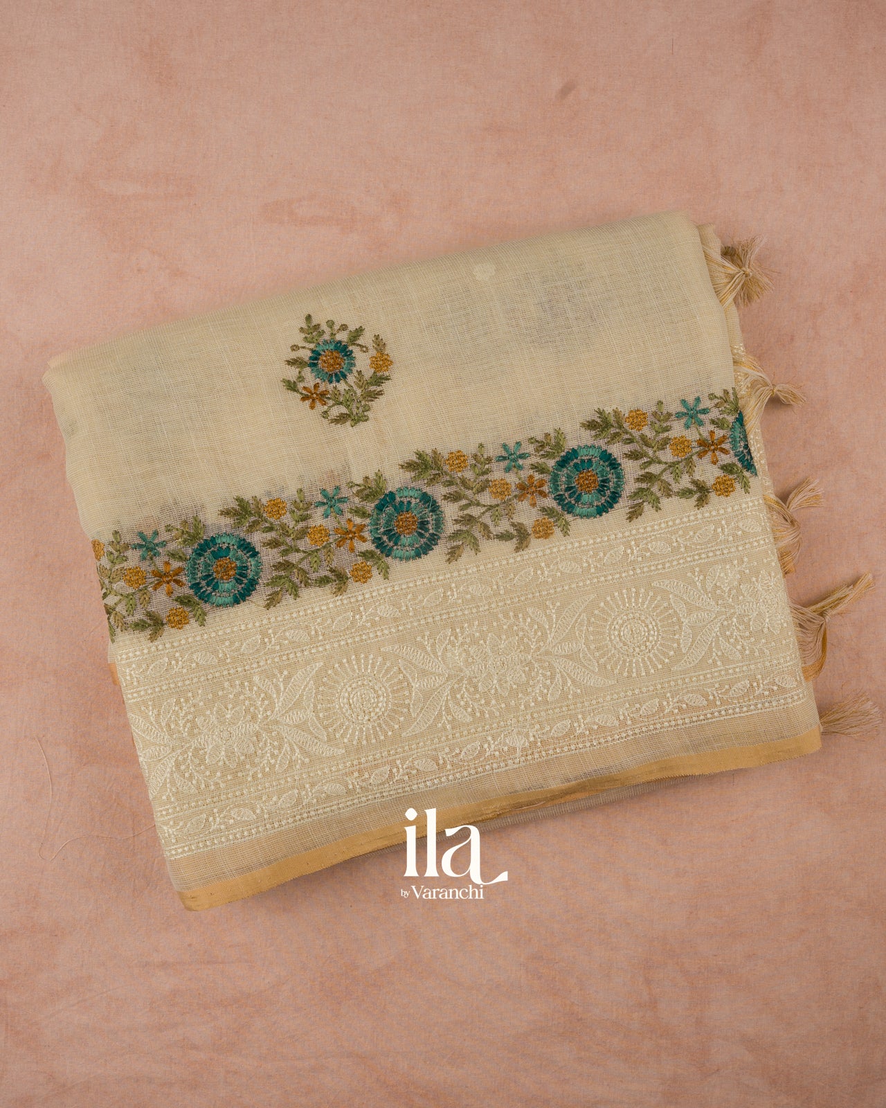 Ivory Floral Embroidered Semi Linen Saree