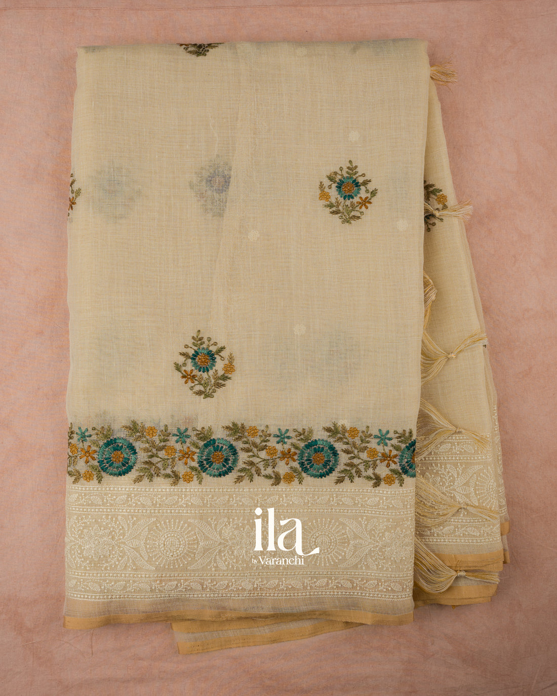 Ivory Floral Embroidered Semi Linen Saree