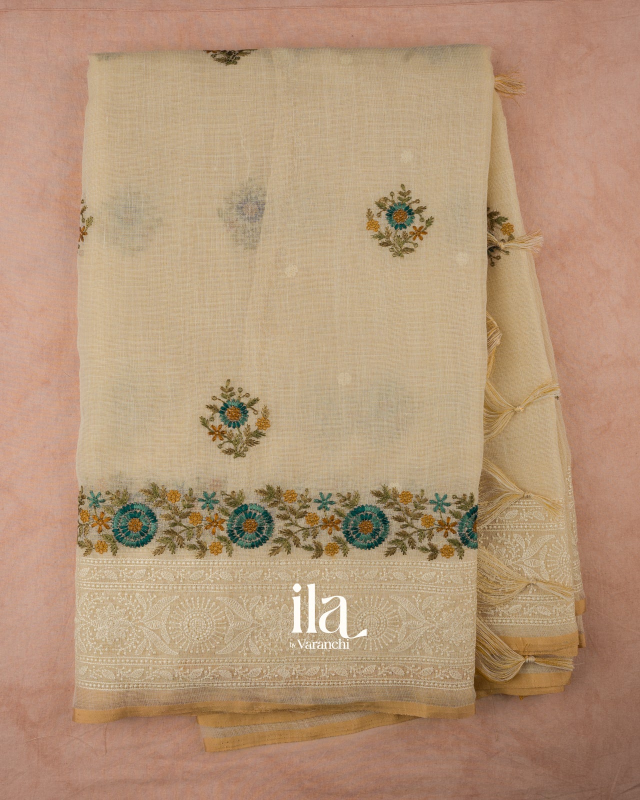 Ivory Floral Embroidered Semi Linen Saree