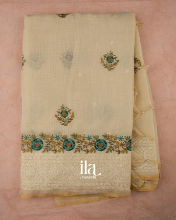 Ivory Floral Embroidered Semi Linen Saree