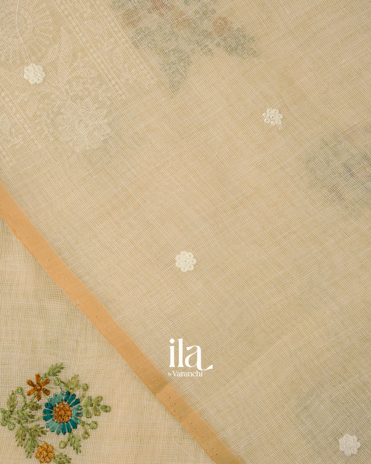 Ivory Floral Embroidered Semi Linen Saree