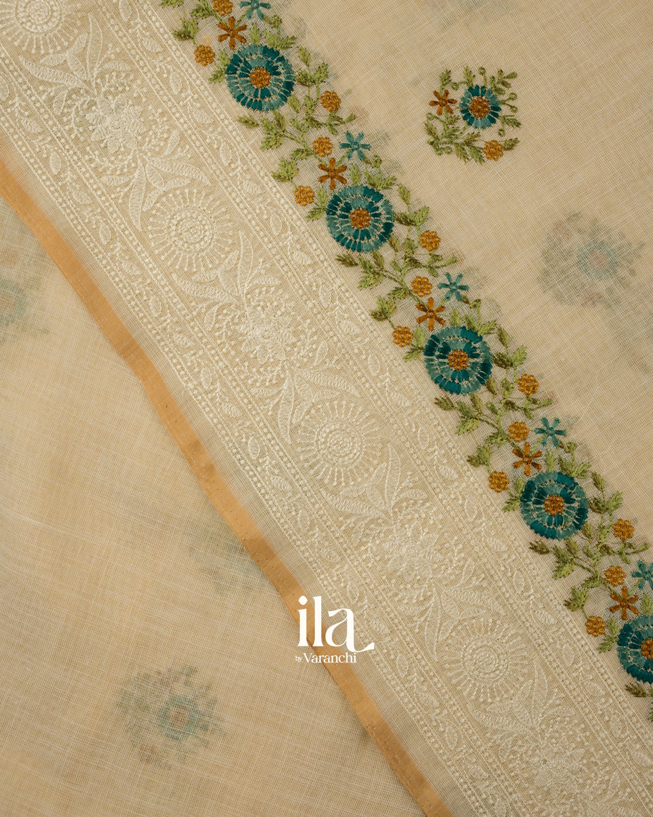 Ivory Floral Embroidered Semi Linen Saree