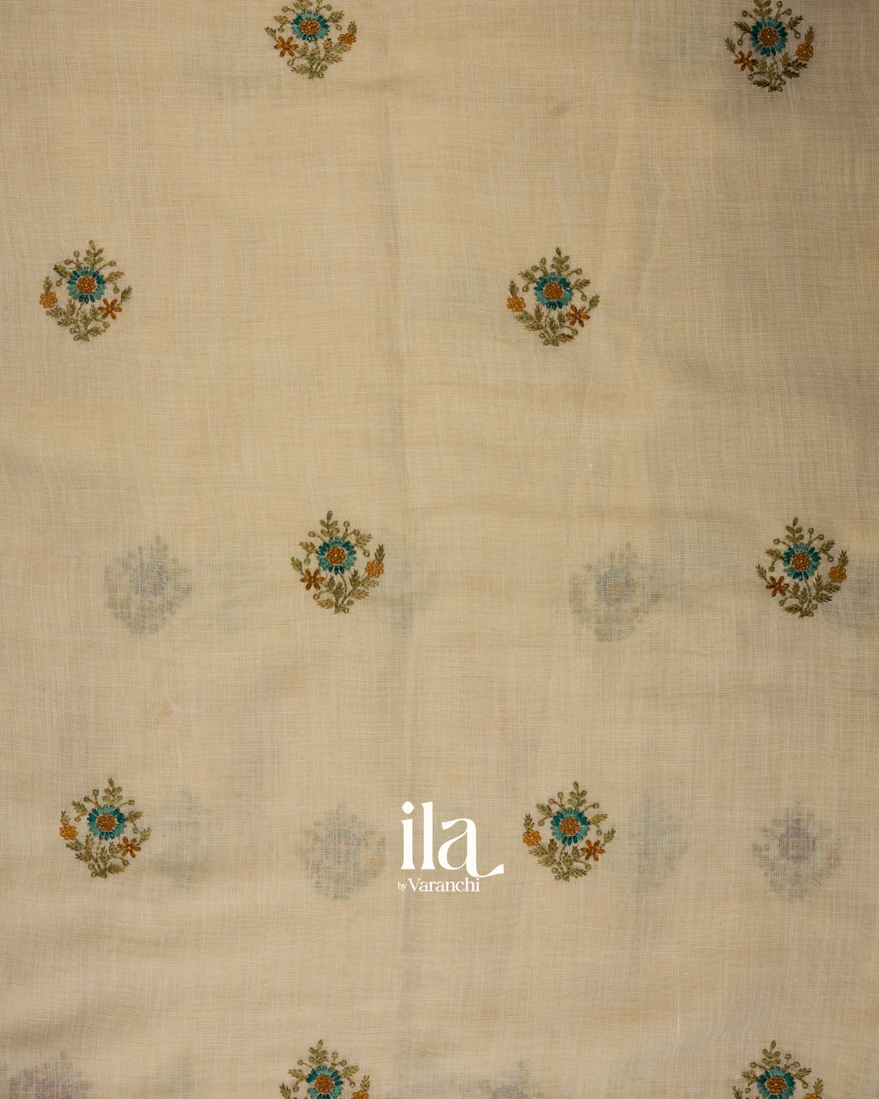 Ivory Floral Embroidered Semi Linen Saree