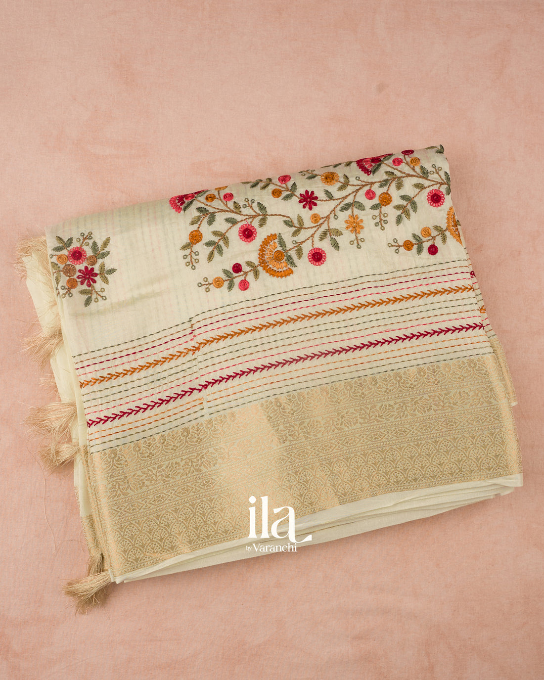 Off White Floral Embroidered Dola Silk Saree