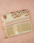 Off White Floral Embroidered Dola Silk Saree