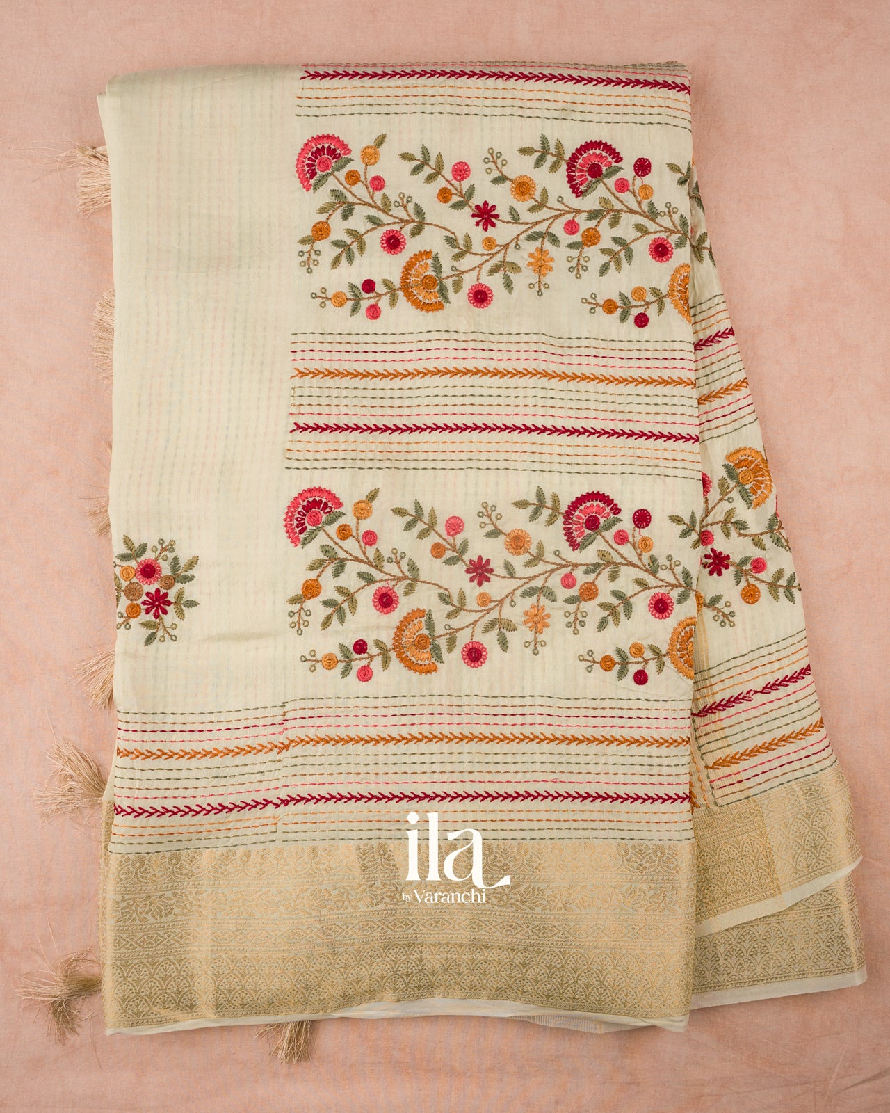 Off White Floral Embroidered Dola Silk Saree