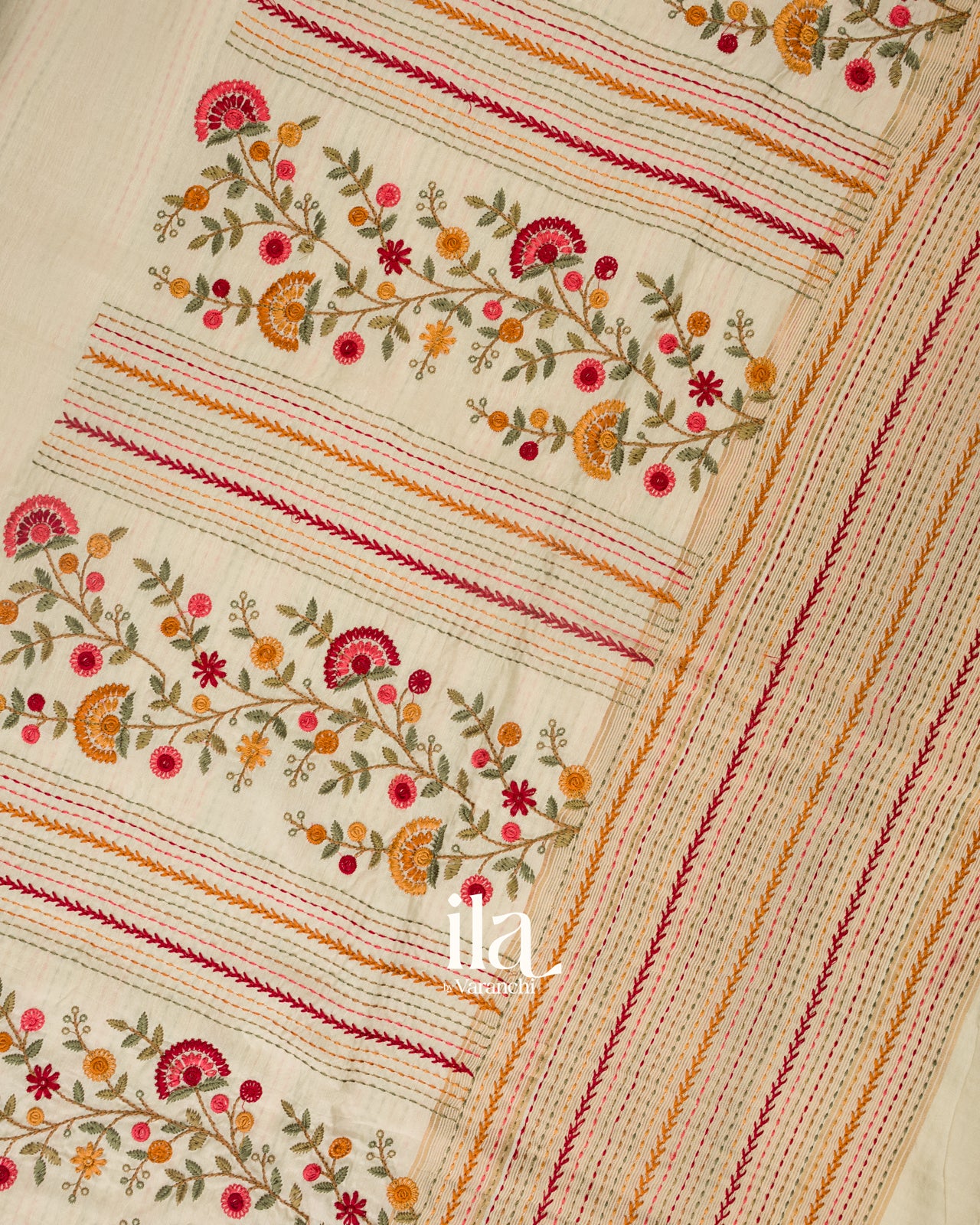 Off White Floral Embroidered Dola Silk Saree