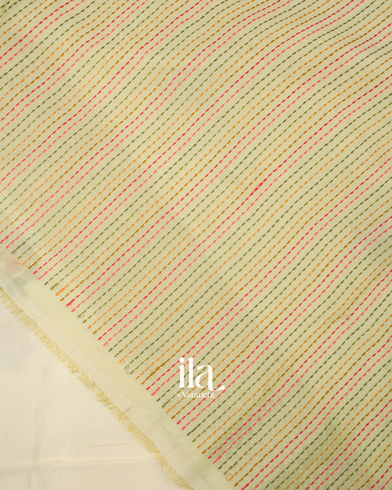 Off White Floral Embroidered Dola Silk Saree