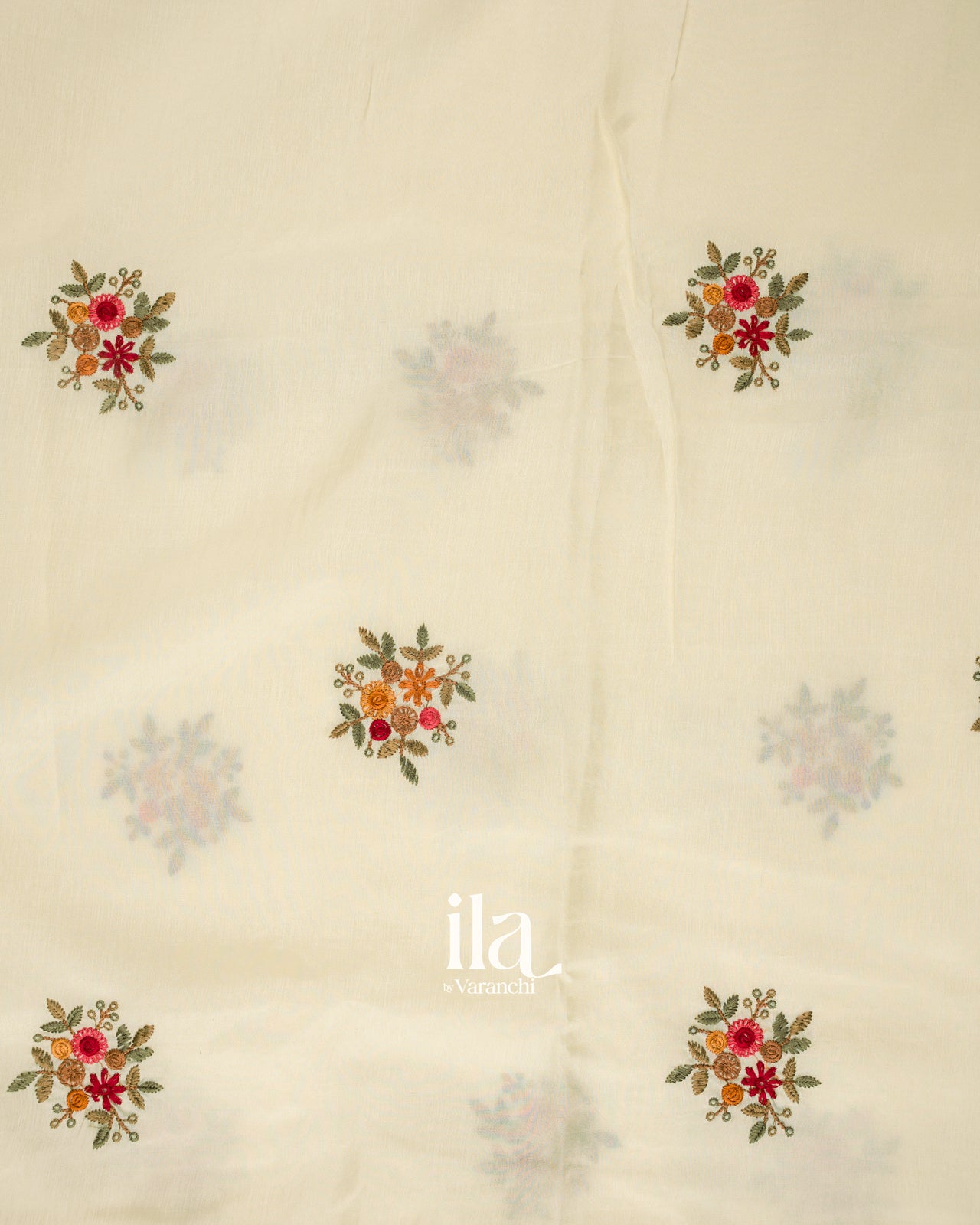 Off White Floral Embroidered Dola Silk Saree