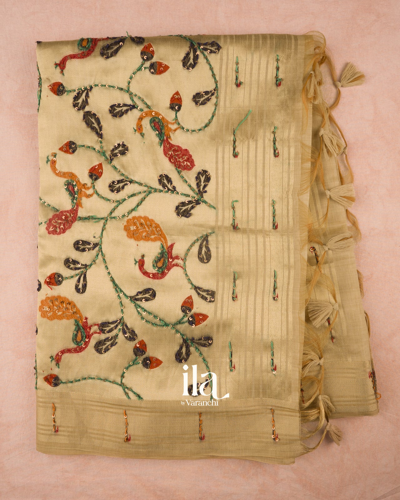 Ivory Sequin Embroidery Semi CottonTissue Saree