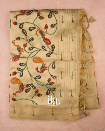 Ivory Sequin Embroidery Semi CottonTissue Saree