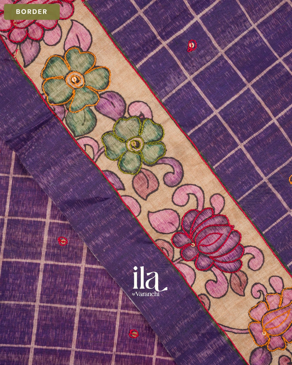 Purple Checkered Kalamkari Printed Semi Tussar Saree — Border