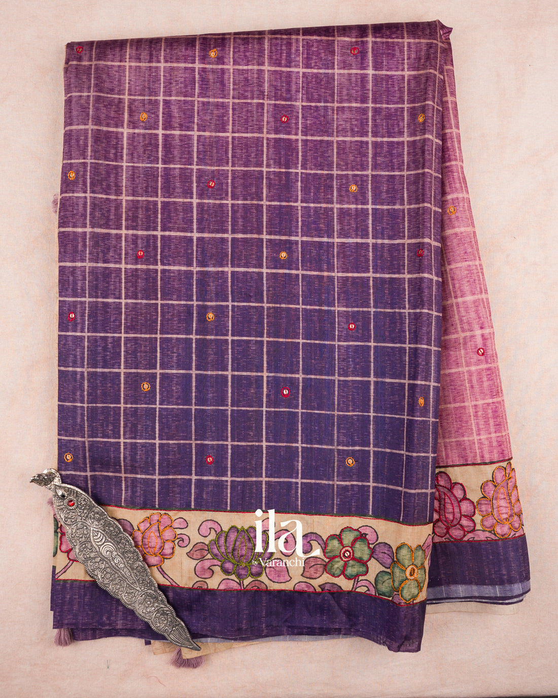 Purple Checkered Kalamkari Printed Semi Tussar Saree — Full Saree