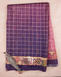 Purple Checkered Kalamkari Printed Semi Tussar Saree — Full Saree