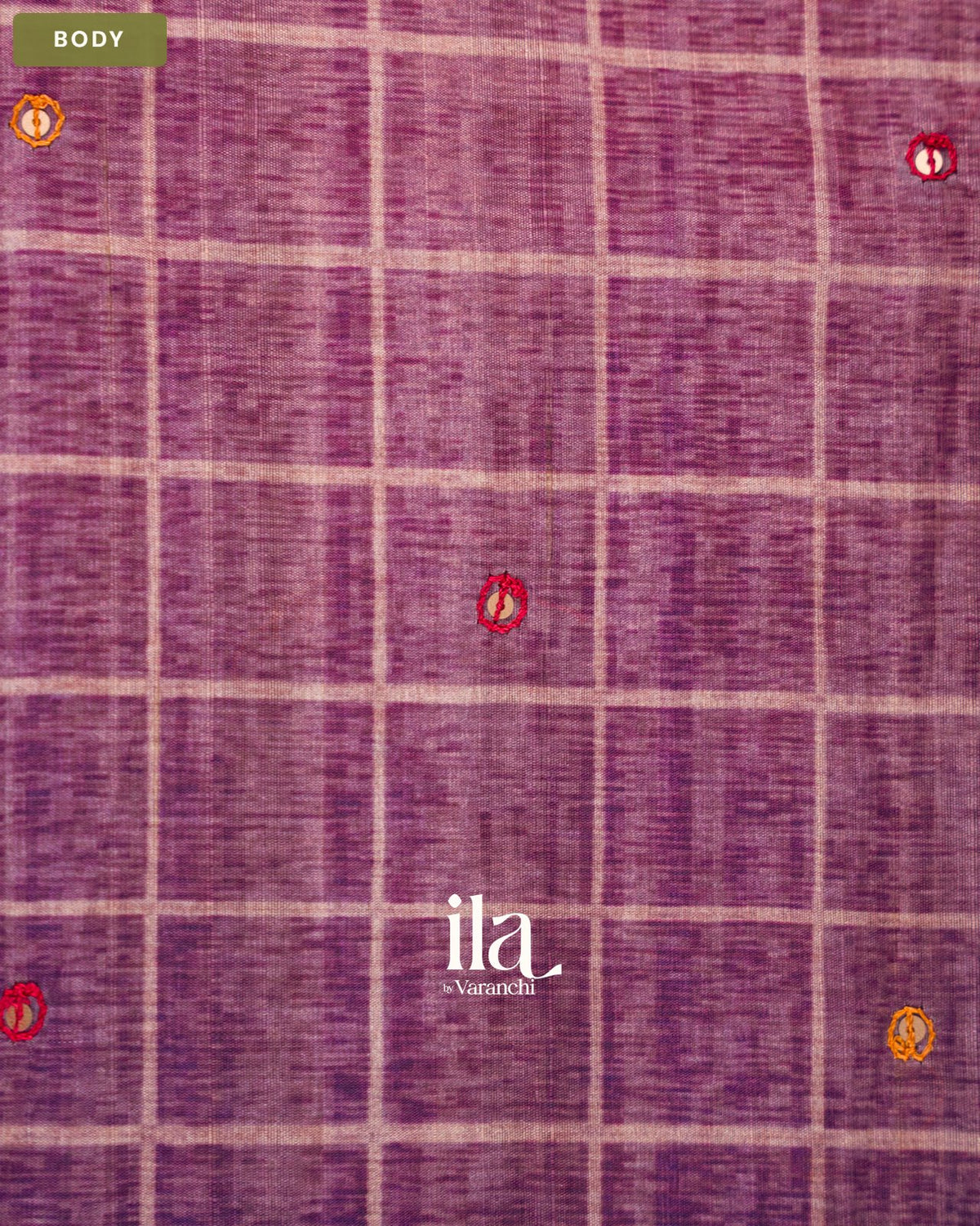 Purple Checkered Kalamkari Printed Semi Tussar Saree — Body