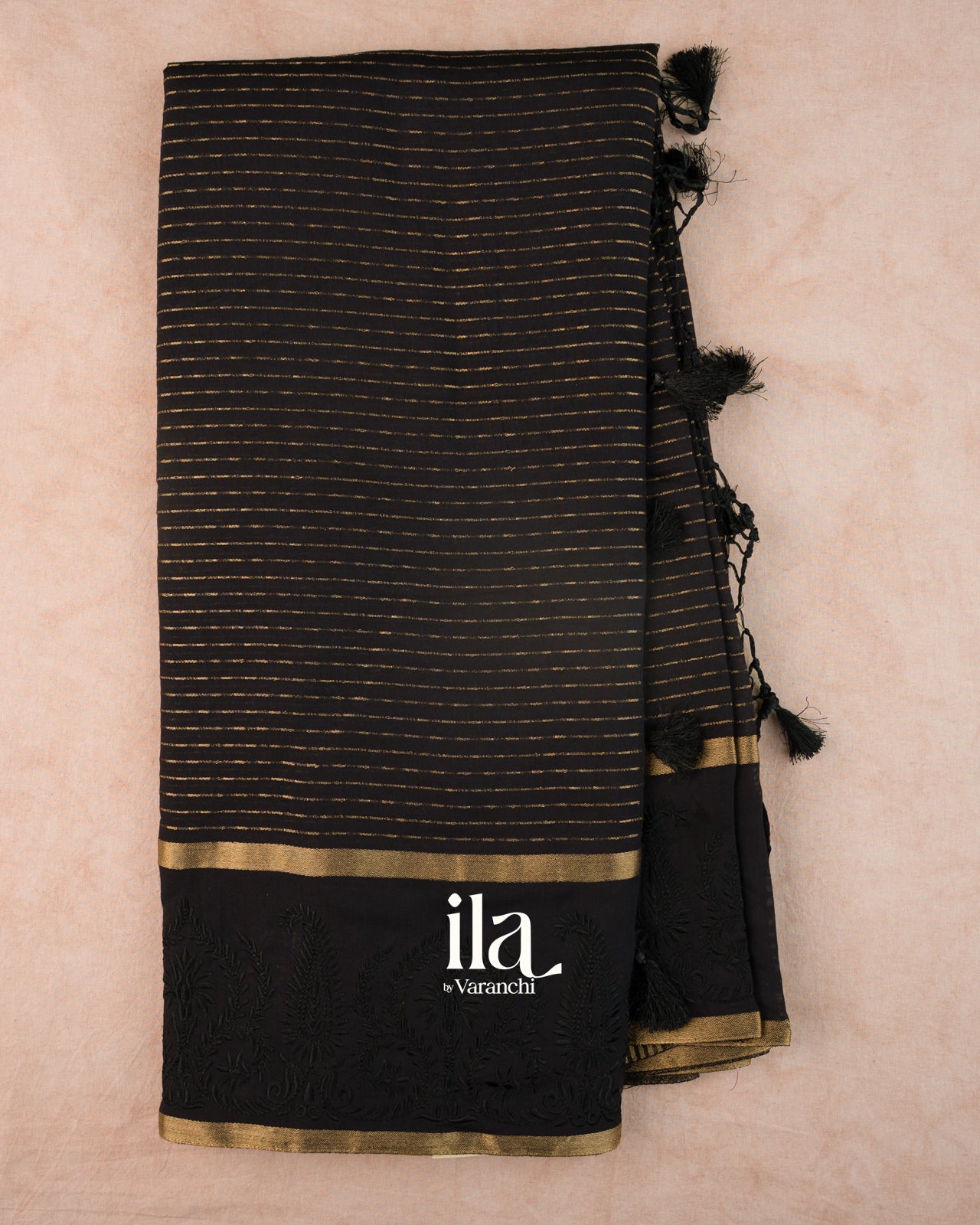 Black Striped Thread Bordered Assam Silk Saree