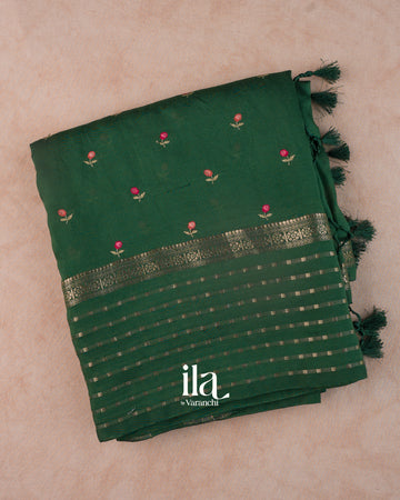 Bottle Green Floral Embroidered Assam Silk Saree