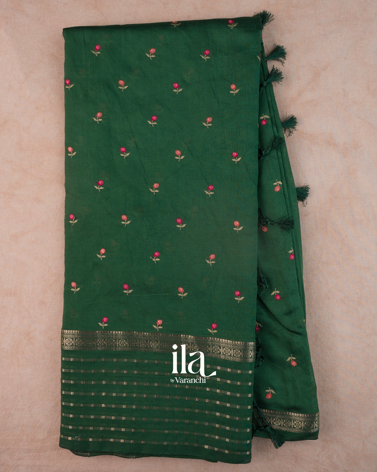 Bottle Green Floral Embroidered Assam Silk Saree