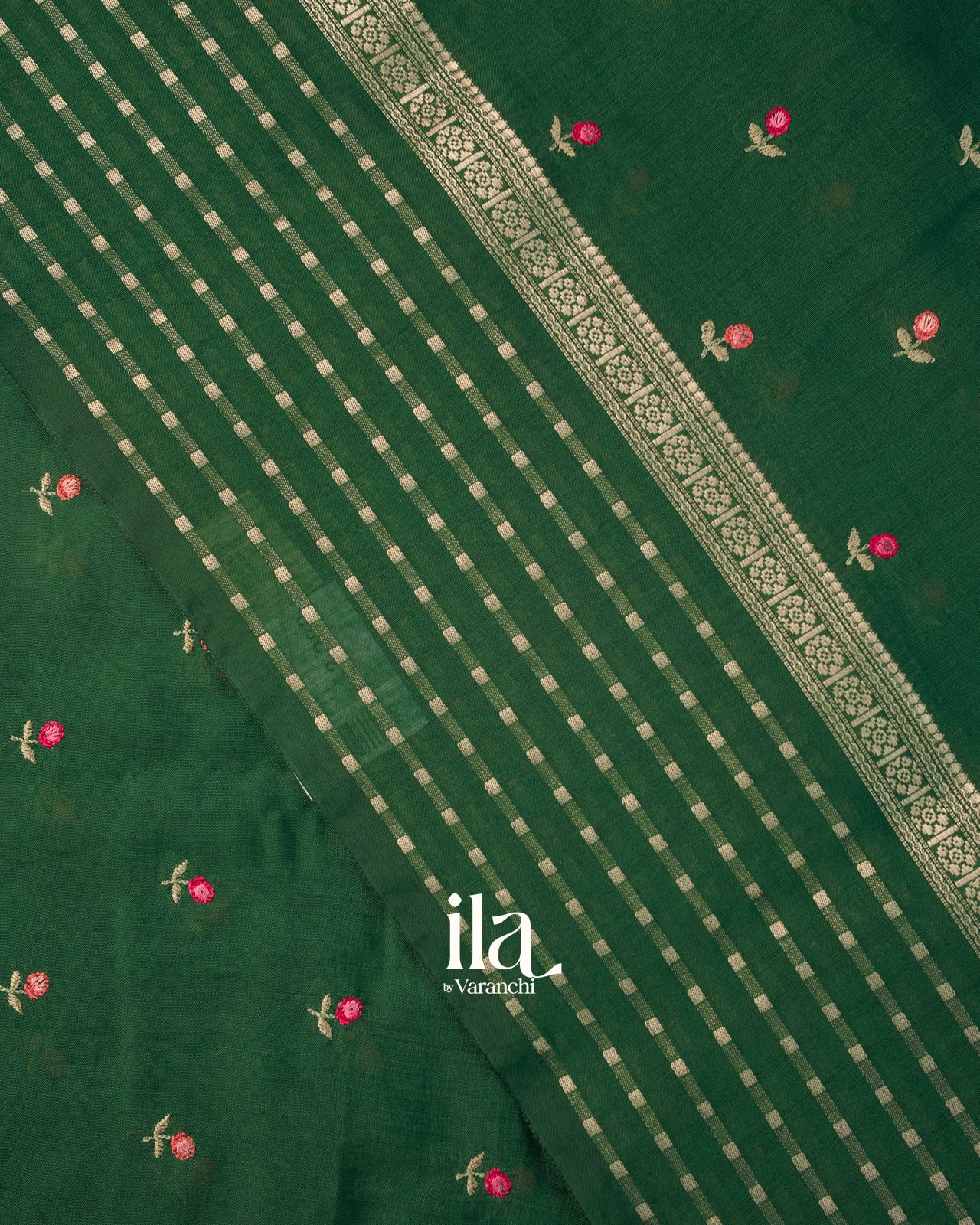 Bottle Green Floral Embroidered Assam Silk Saree