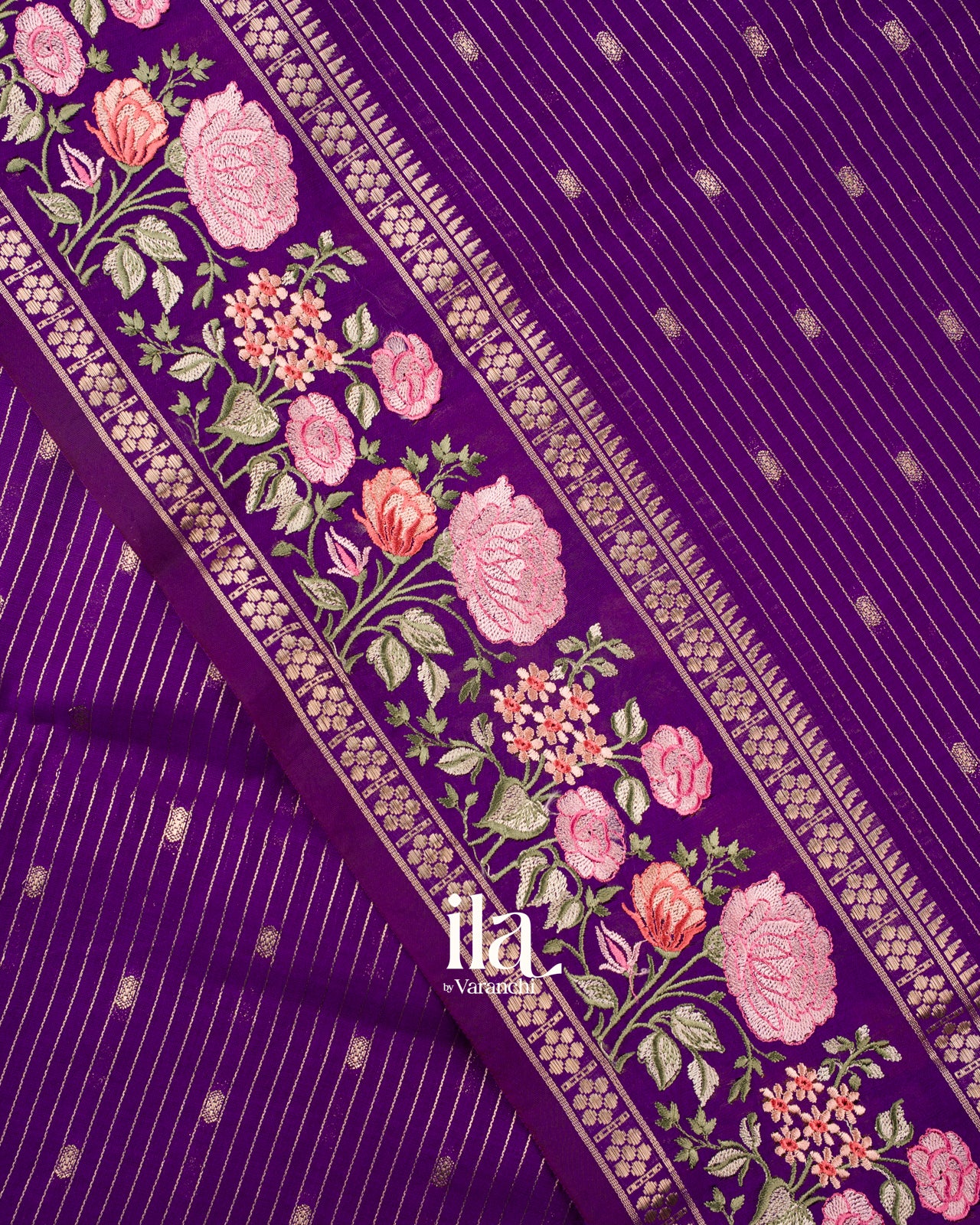 Purple Striped and Floral Embroidered Assam Silk Saree