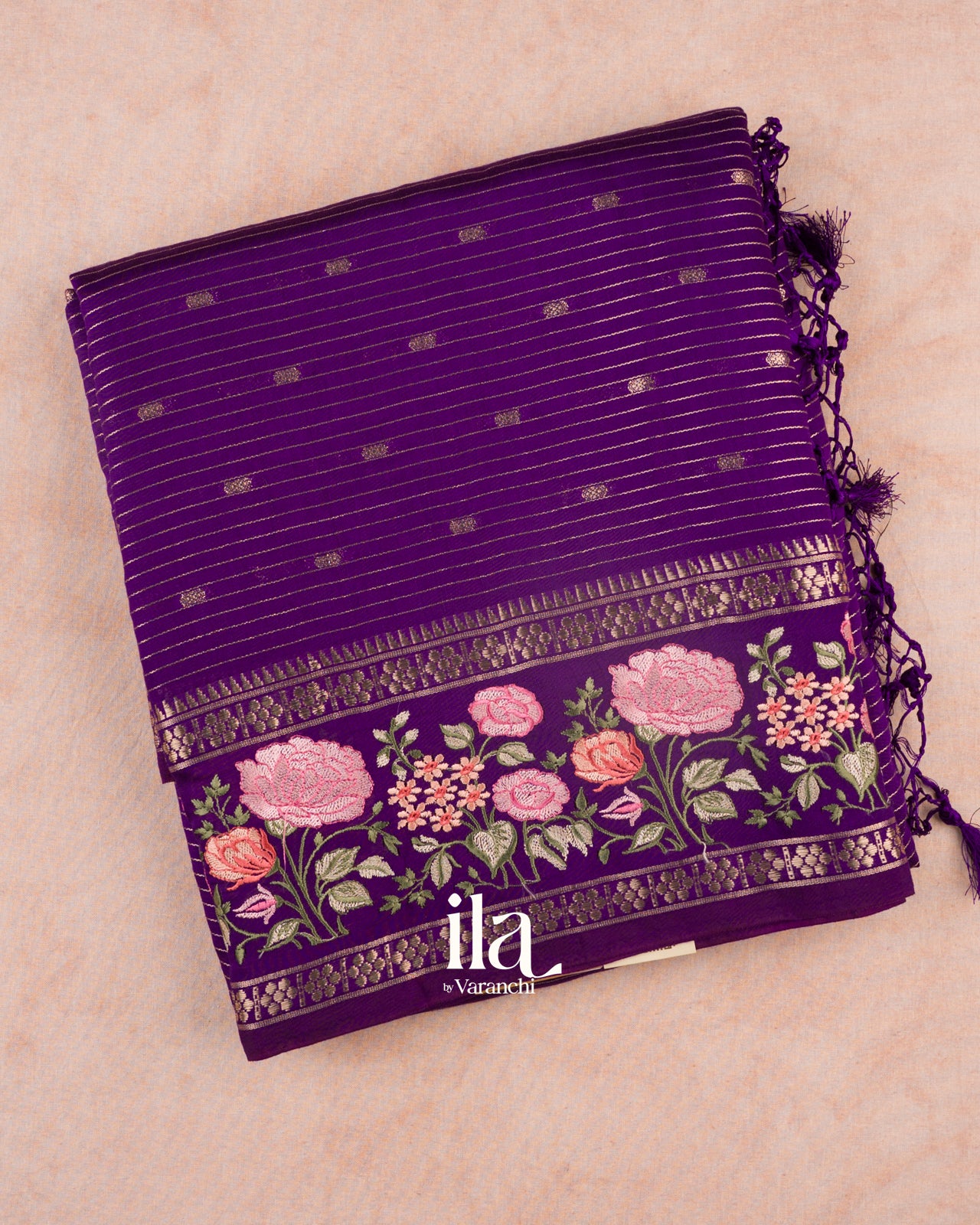 Purple Striped and Floral Embroidered Assam Silk Saree