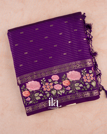 Purple Striped and Floral Embroidered Assam Silk Saree