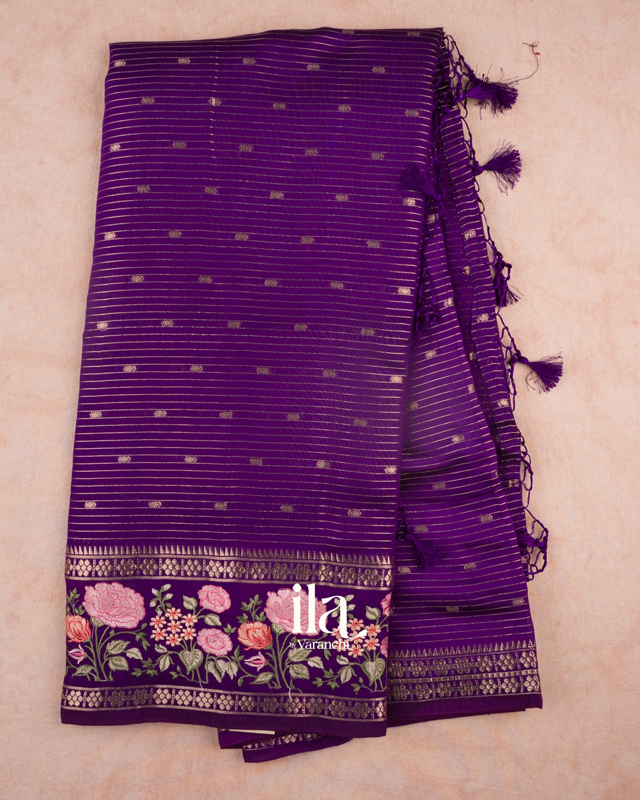 Purple Striped and Floral Embroidered Assam Silk Saree