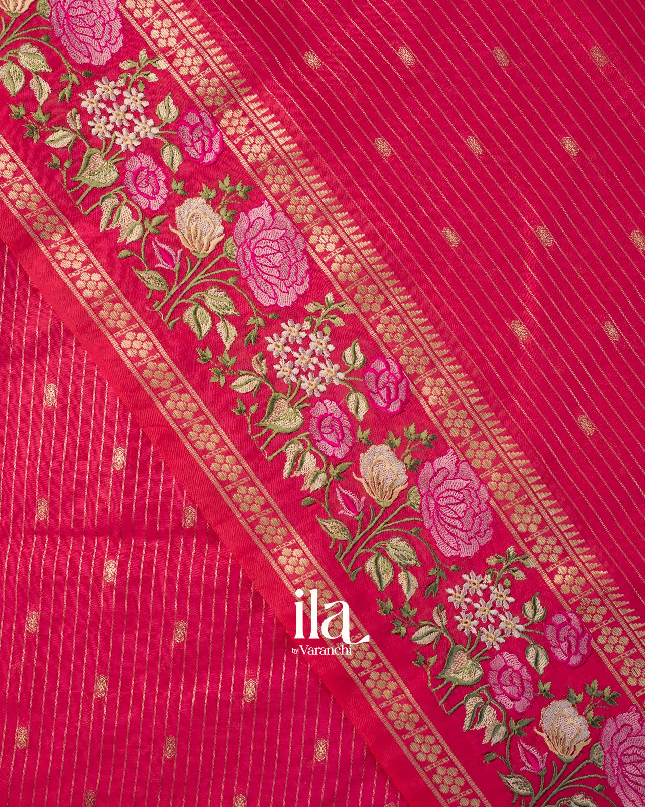 Rani Pink Striped Parsi Embroidered Assam Silk Saree