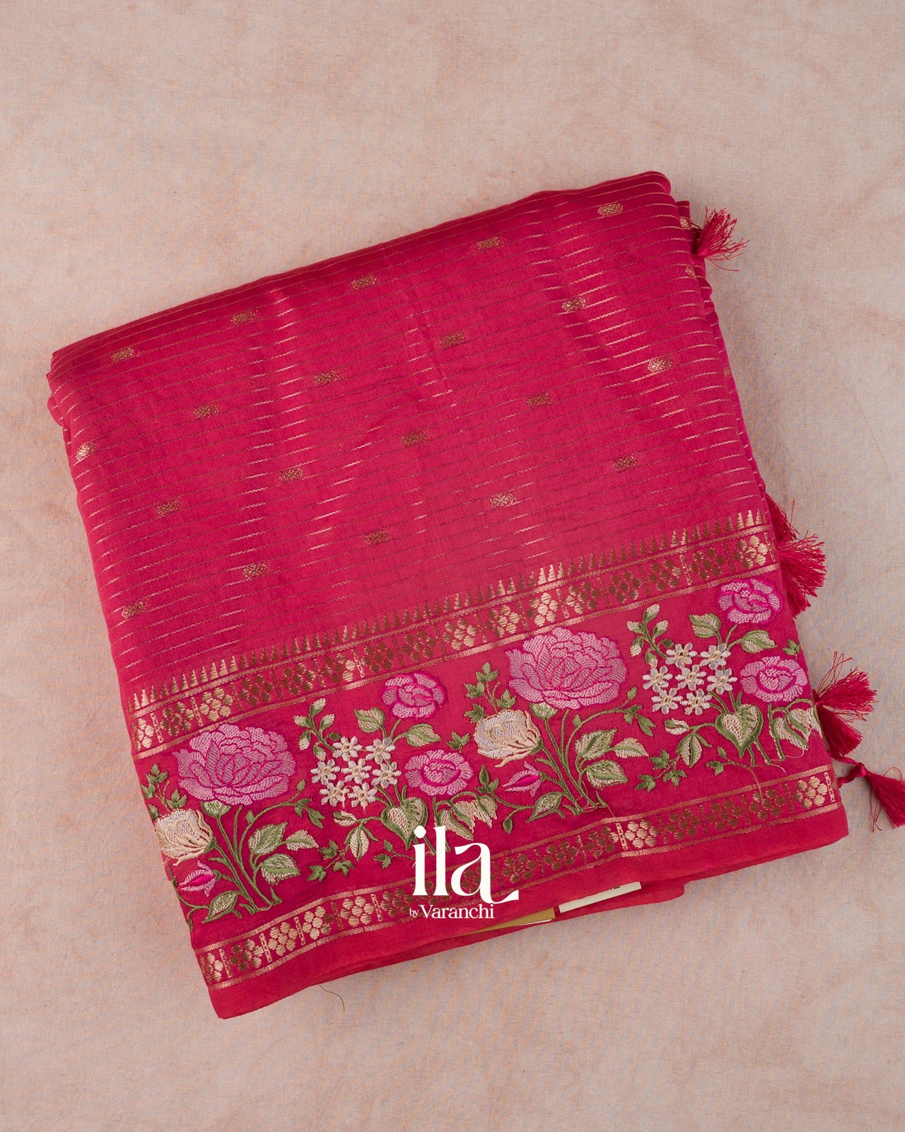Rani Pink Striped Parsi Embroidered Assam Silk Saree