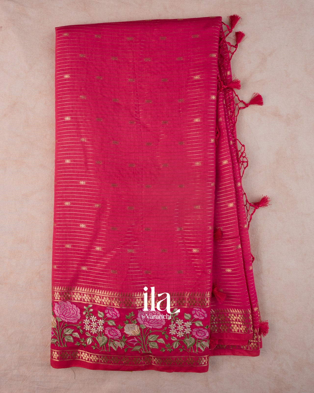 Rani Pink Striped Parsi Embroidered Assam Silk Saree