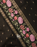 Black Striped Parsi Embroidered Border Assam Silk Saree