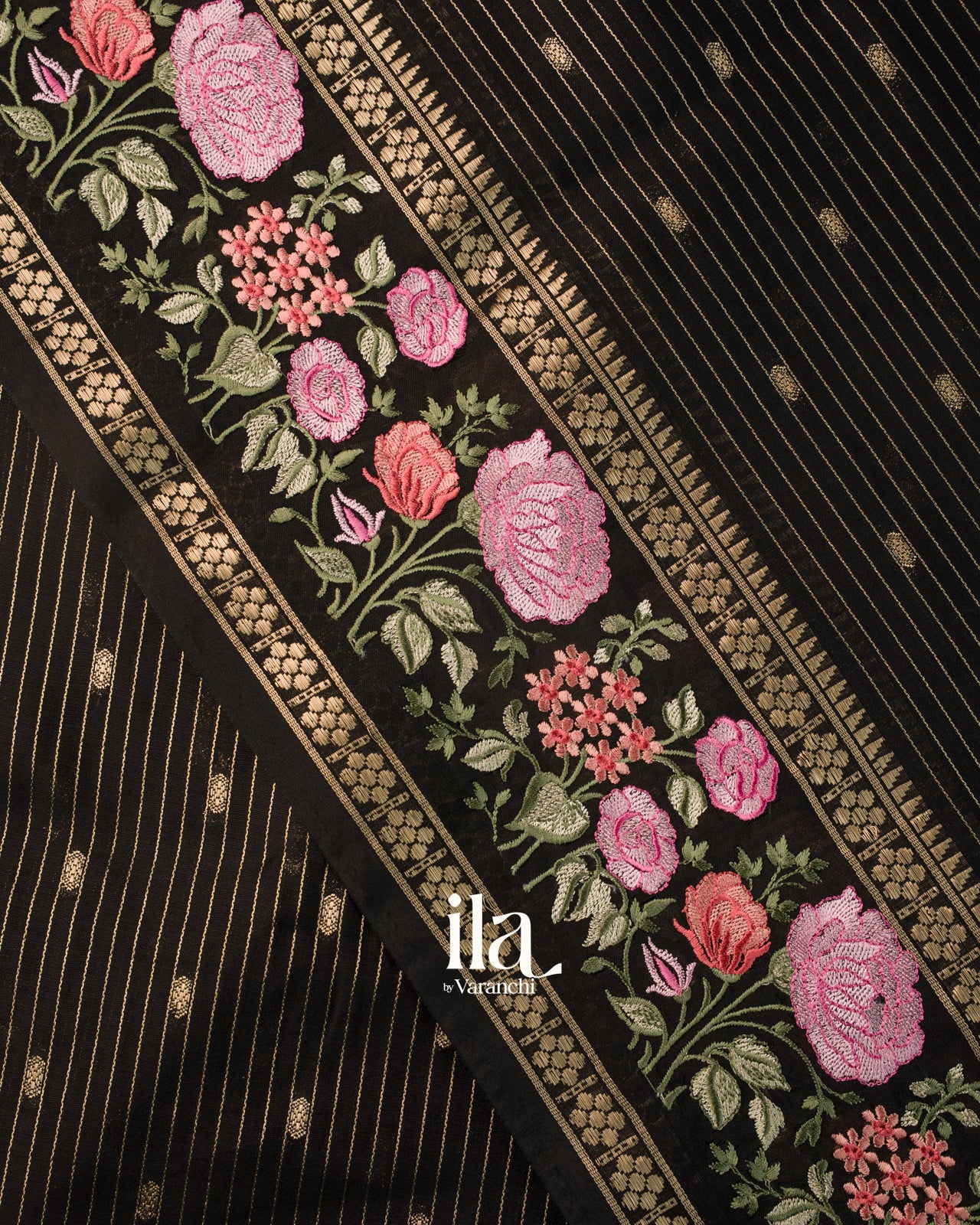 Black Striped Parsi Embroidered Border Assam Silk Saree