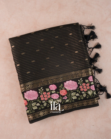 Black Striped Parsi Embroidered Border Assam Silk Saree