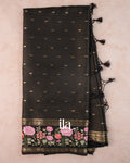 Black Striped Parsi Embroidered Border Assam Silk Saree