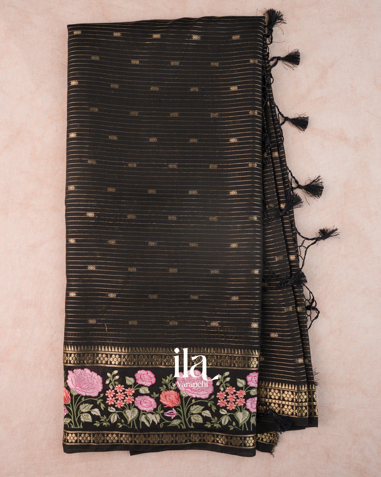 Black Striped Parsi Embroidered Border Assam Silk Saree