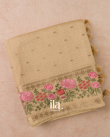 Beige Striped Parasi Floral Embroidered Assam Silk Saree