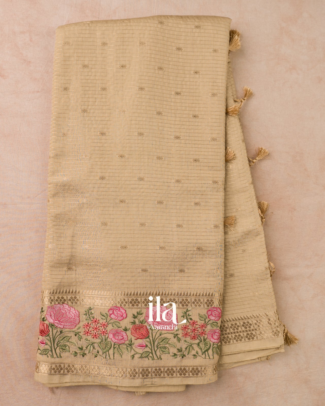 Beige Striped Parasi Floral Embroidered Assam Silk Saree