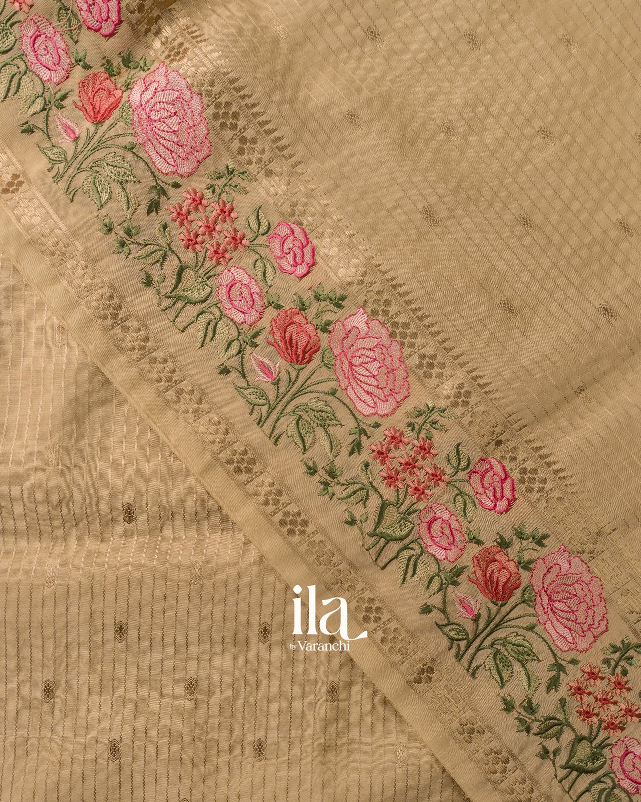 Beige Striped Parasi Floral Embroidered Assam Silk Saree