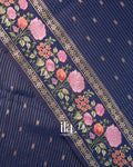 Navy Blue Striped Parsi Embroidered Border Assam Silk Saree