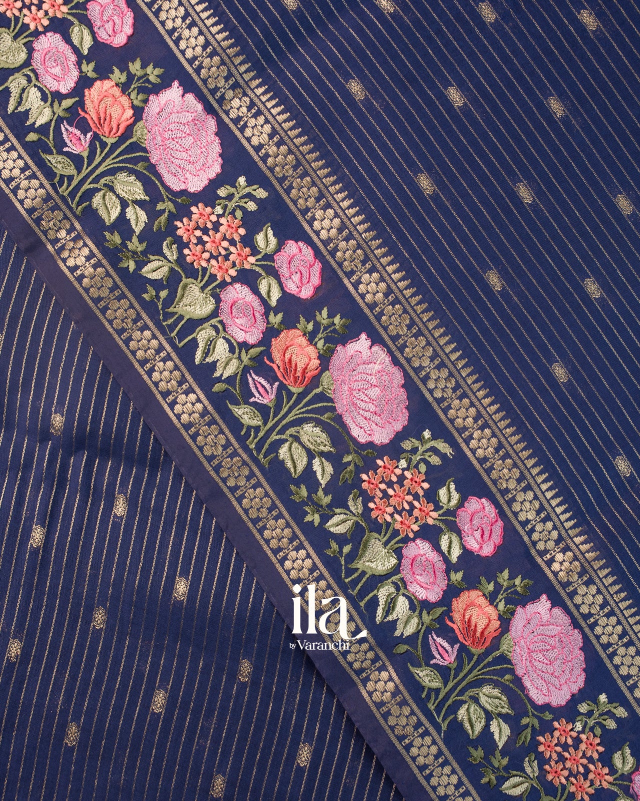 Navy Blue Striped Parsi Embroidered Border Assam Silk Saree
