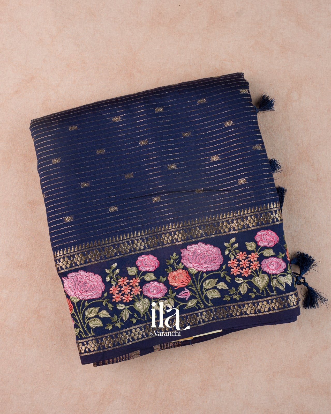 Navy Blue Striped Parsi Embroidered Border Assam Silk Saree
