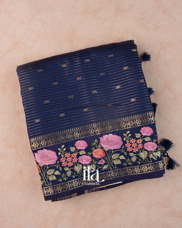 Navy Blue Striped Parsi Embroidered Border Assam Silk Saree