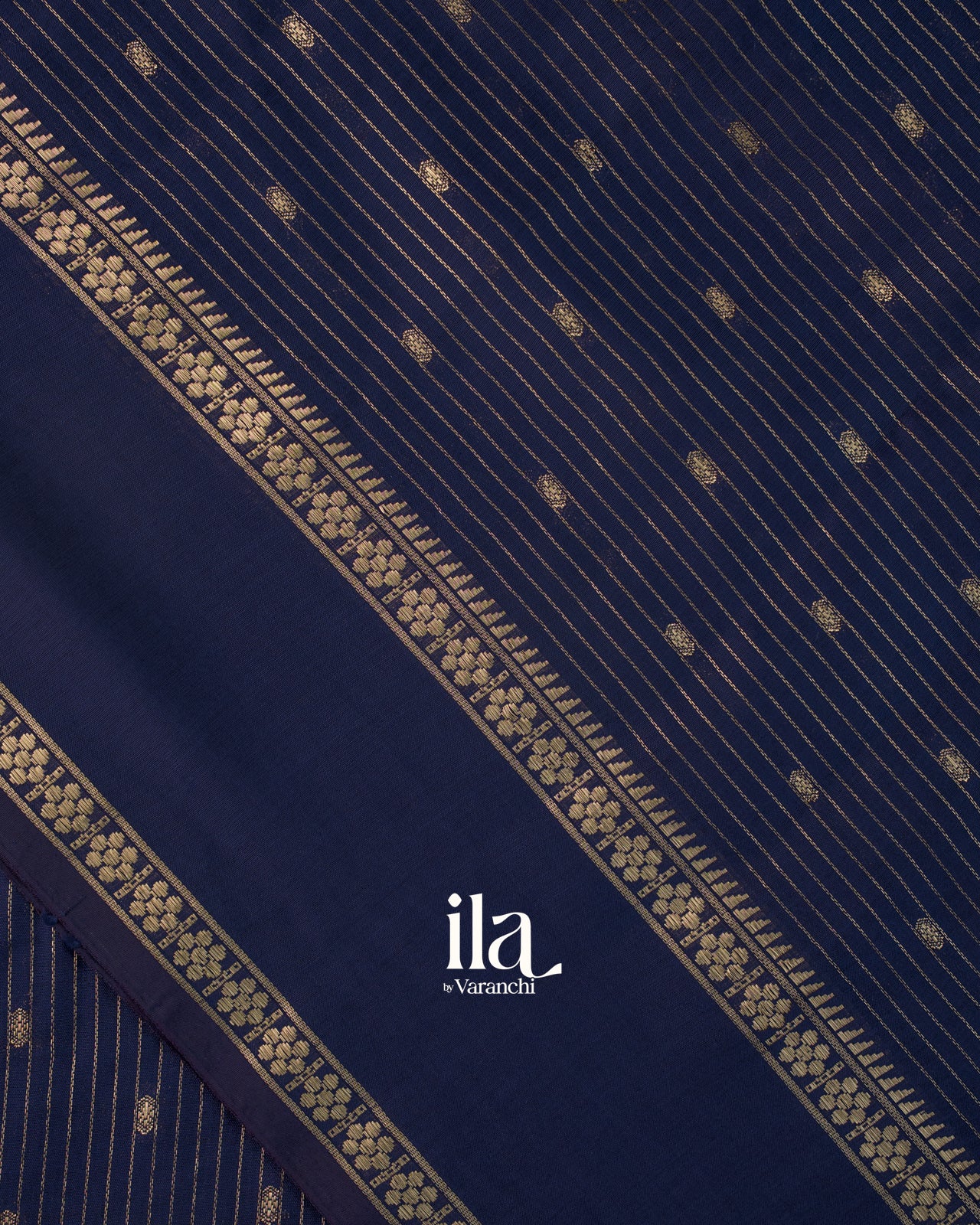Navy Blue Striped Parsi Embroidered Border Assam Silk Saree