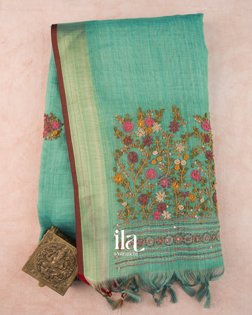 Turquoise Blue Floral Embroidered Semi Linen Tissue Saree