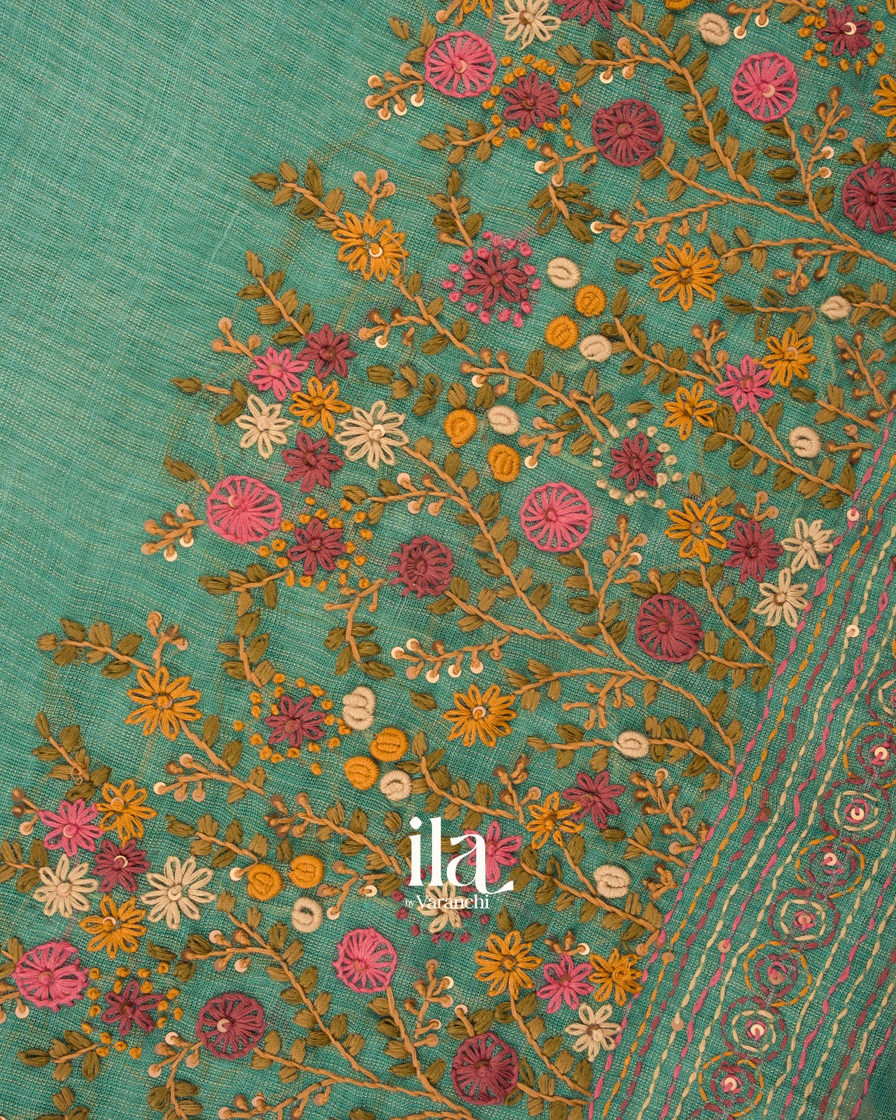 Sea Green Embroidered Floral Semi Linen Saree