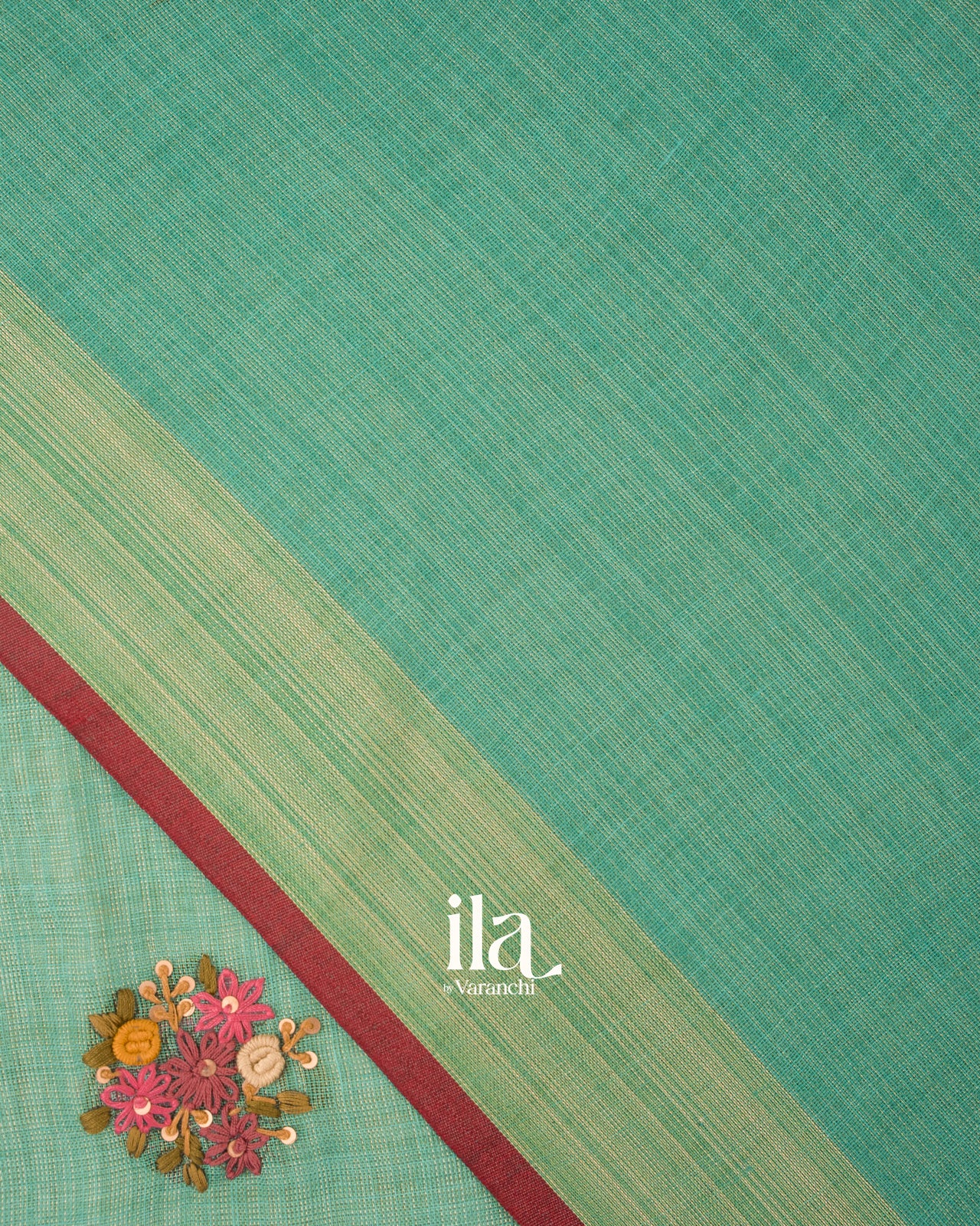 Sea Green Embroidered Floral Semi Linen Saree