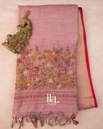 Onion Pink Floral Embroidered Semi Linen Tissue Saree
