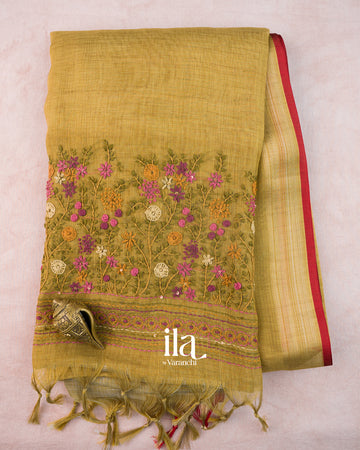 Mustard Yellow Floral Embroidered Semi Linen Tissue Saree